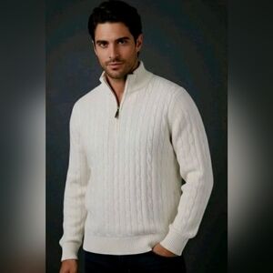 Cremieux Classics Men's L 1/4 Zip Cream Pullover Cable Knit Sweater Grandpacore